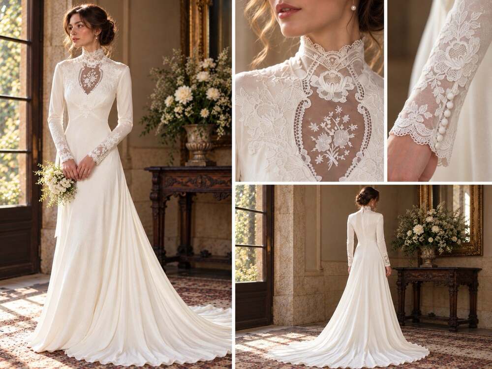Vintage 70s Wedding Dress Ivory Lace Victorian High Neck Bridal Gown Train 4-6